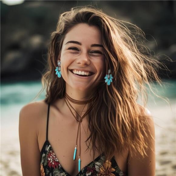 Turquoise Jewelry Set Necklace Earrings Bracelets Rings Boho Western Women Gift - Picture 2 of 6